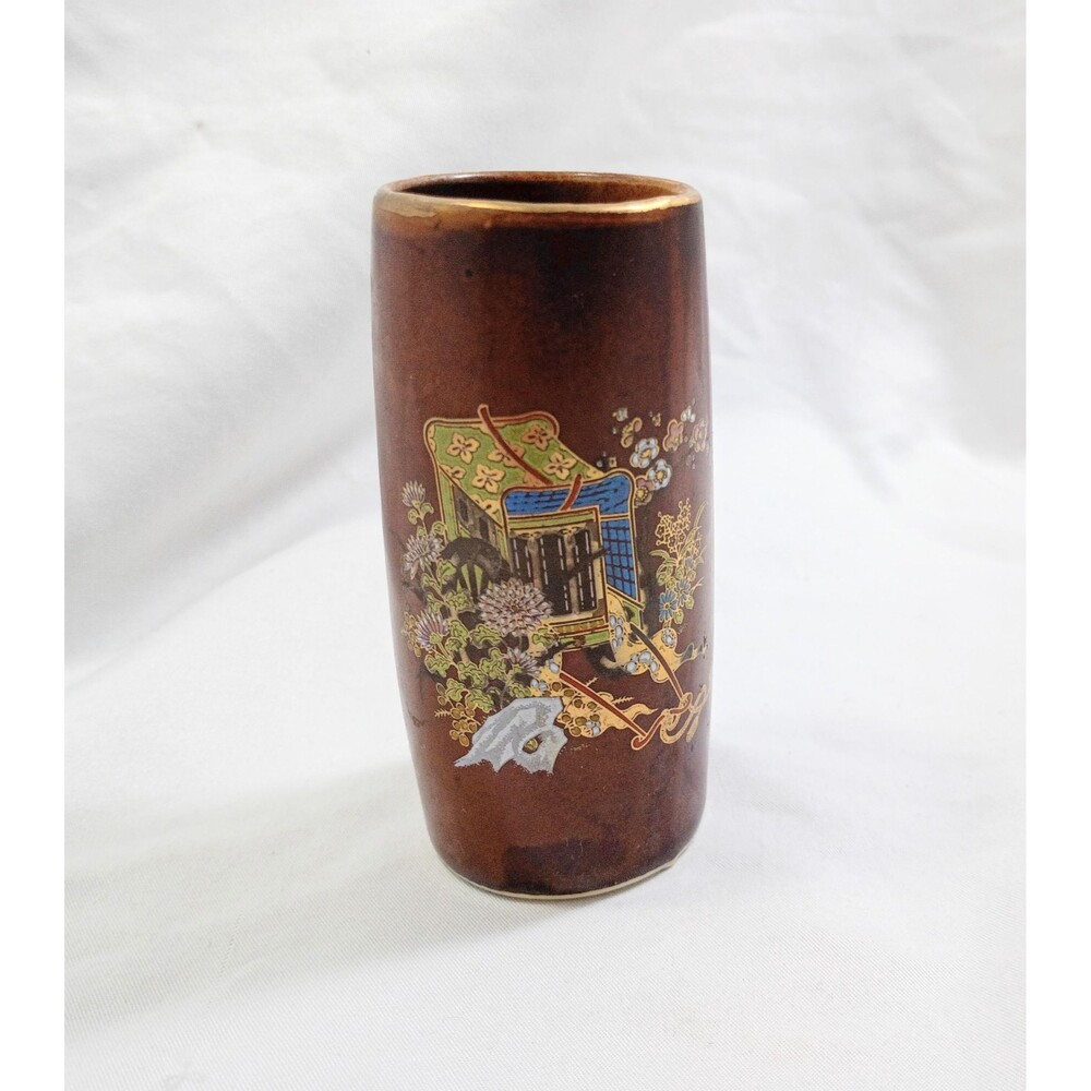 Vintage Brown Pottery Bud vase with Japanese Carriage